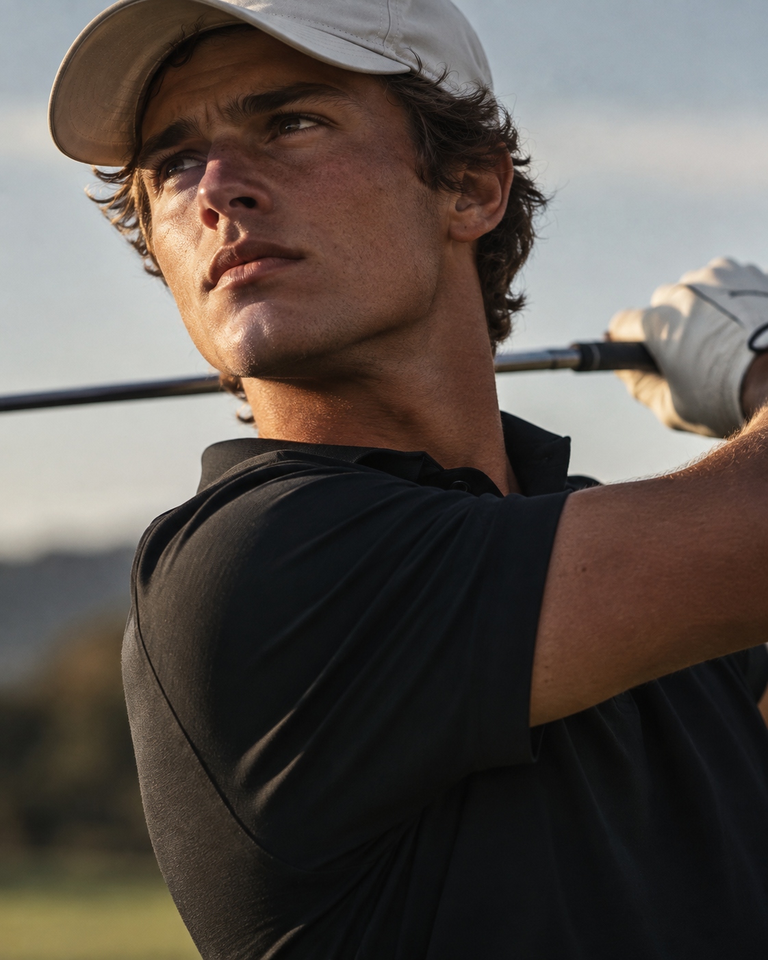 Golfer following his shot in late afternoon light