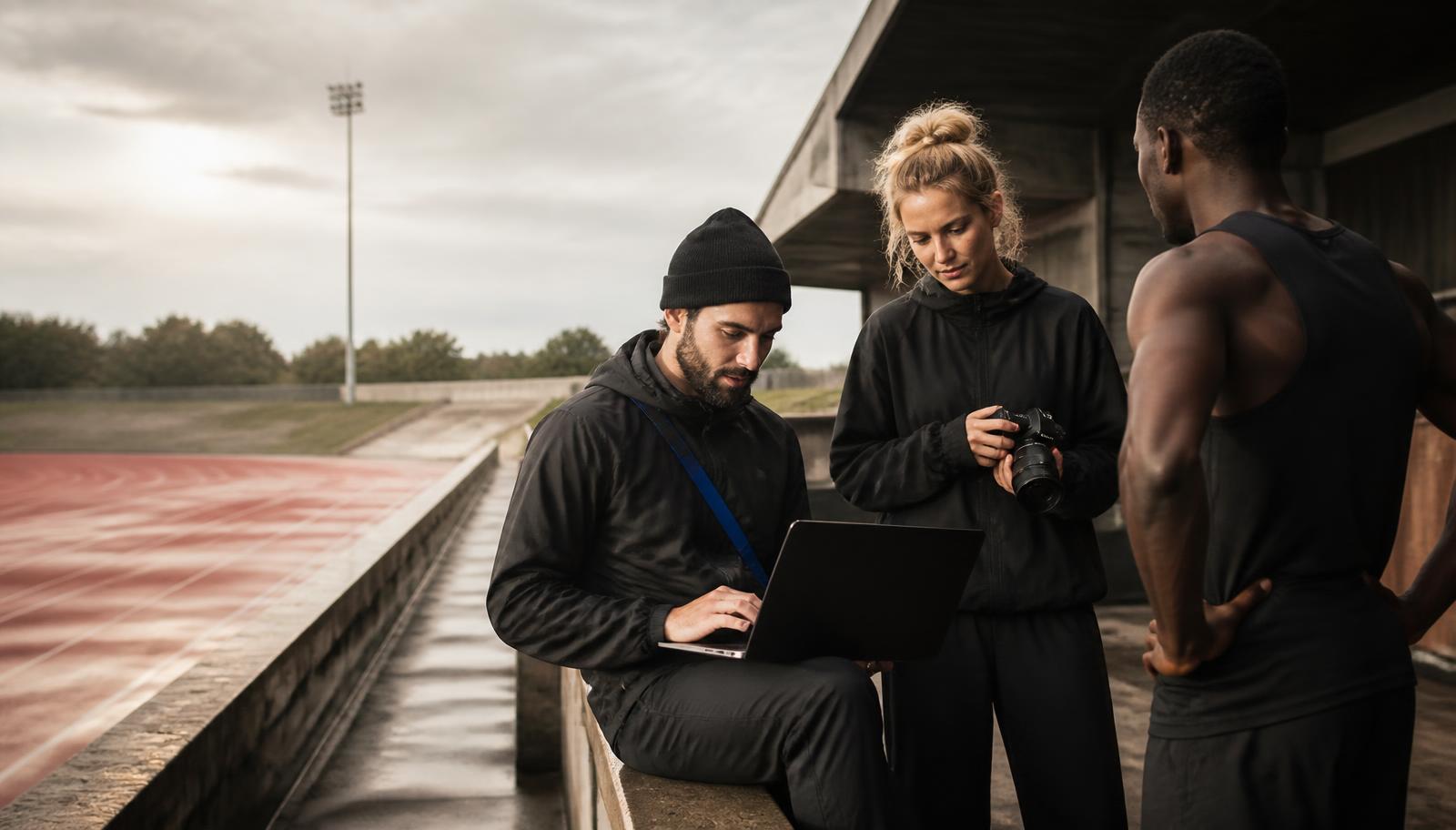 A creative team reviewing campaign work with an athlete beside a running track
