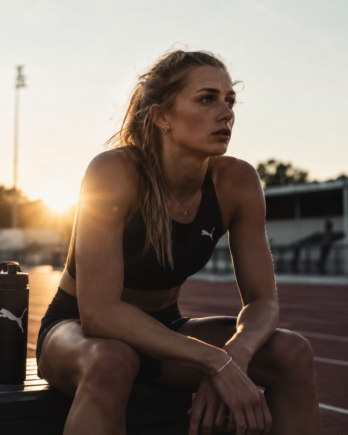 Track athlete recovering after a training session at sunset