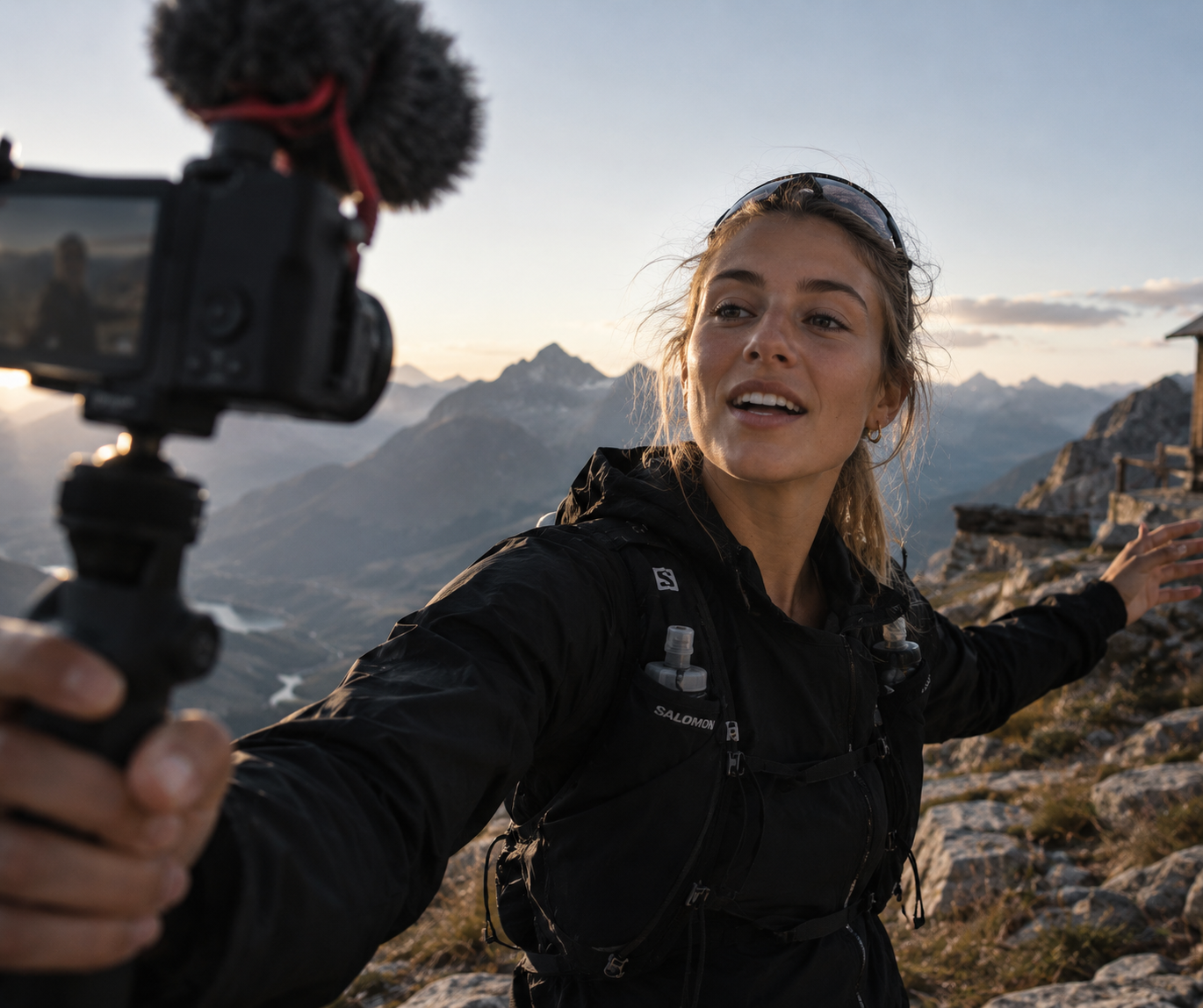 Content creator filming a brand story in the mountains